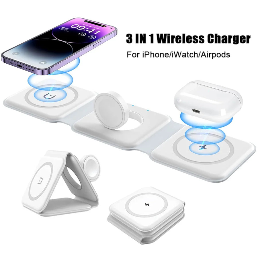 Chargeur Sans Fil 3-en-1 Pliable – iPhone 12–15 & AirPods Ultra-Portable